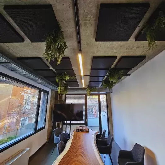 Modern office interior with a long wooden table, gray chairs, large windows, and a ceiling adorned with black acoustic panels and hanging greenery.