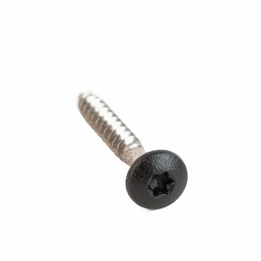 Close-up of a screw with a black head and silver shaft.