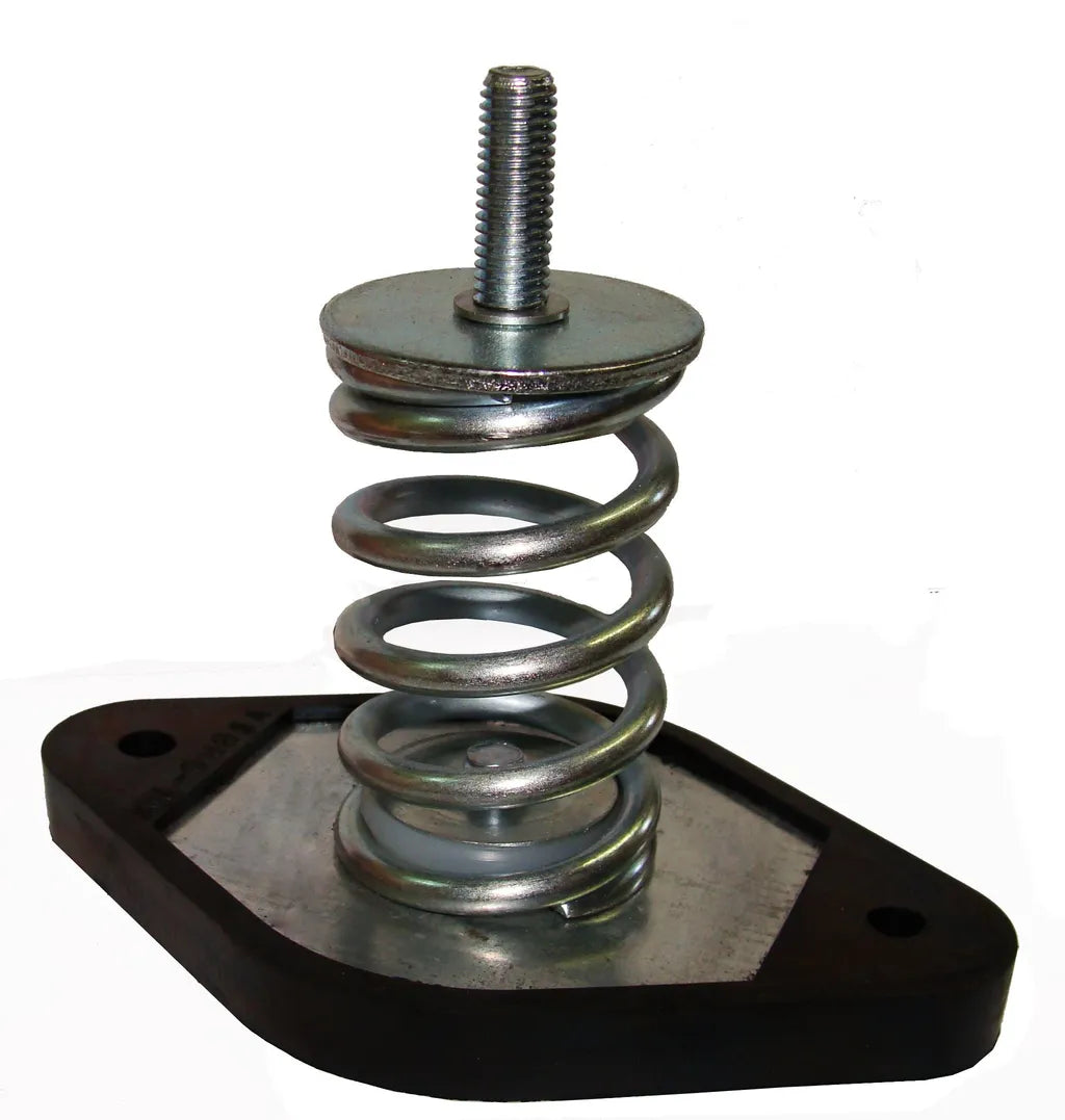 Silver coil spring with threaded bolt, washers, and black rubber base.
