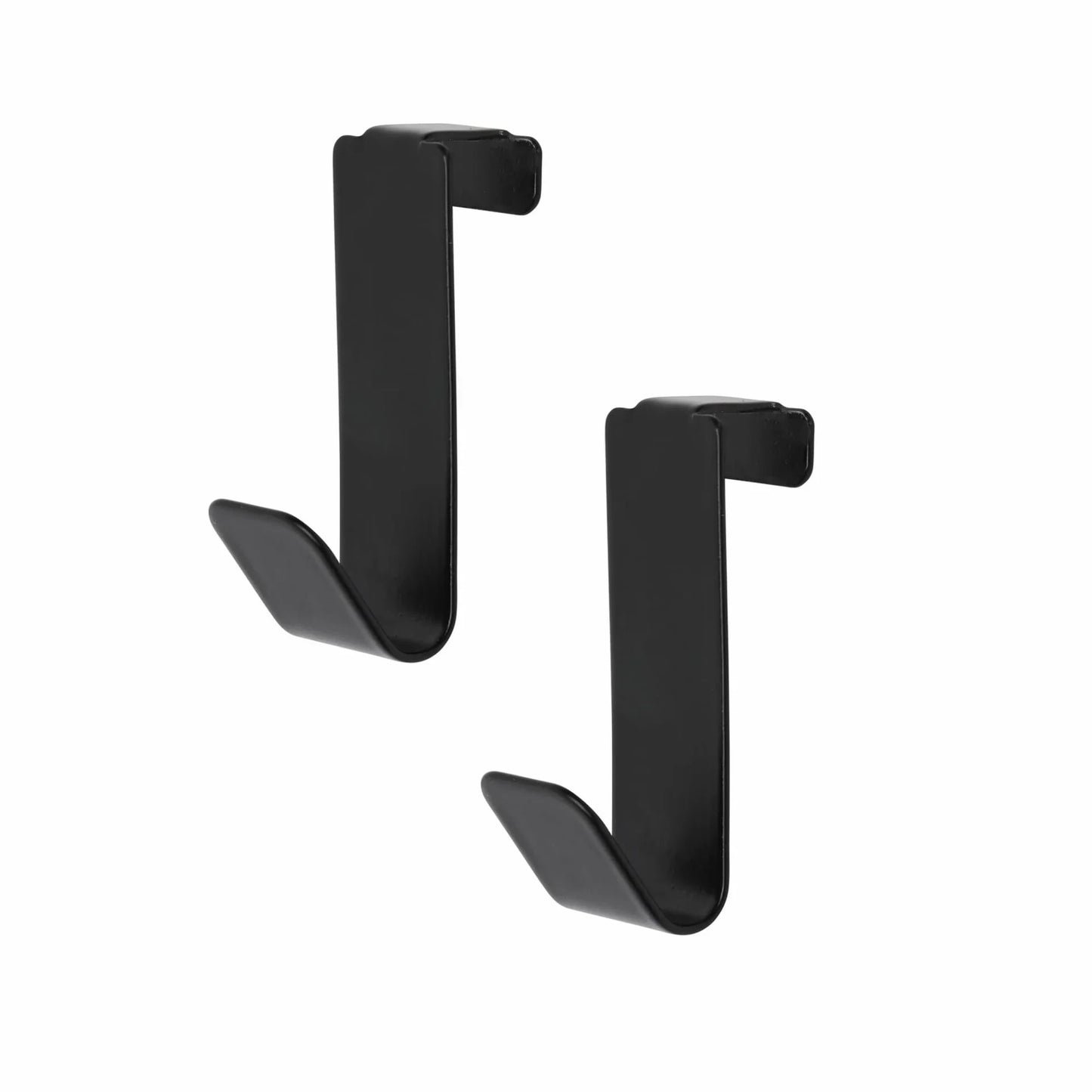 Two black over-the-door hooks on white.