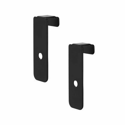 Two black, metal brackets with a right-angle bend and a hole for mounting hardware.