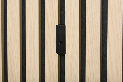 Wooden slat wall with black spacer and black plastic fastener.