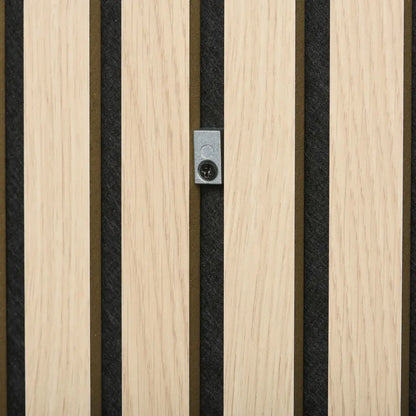 Close-up of wooden slat wall panel with gray backing and metal hardware.