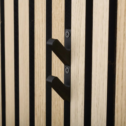 Close-up of a modern wall-mounted coat rack with black hooks and wooden slats.