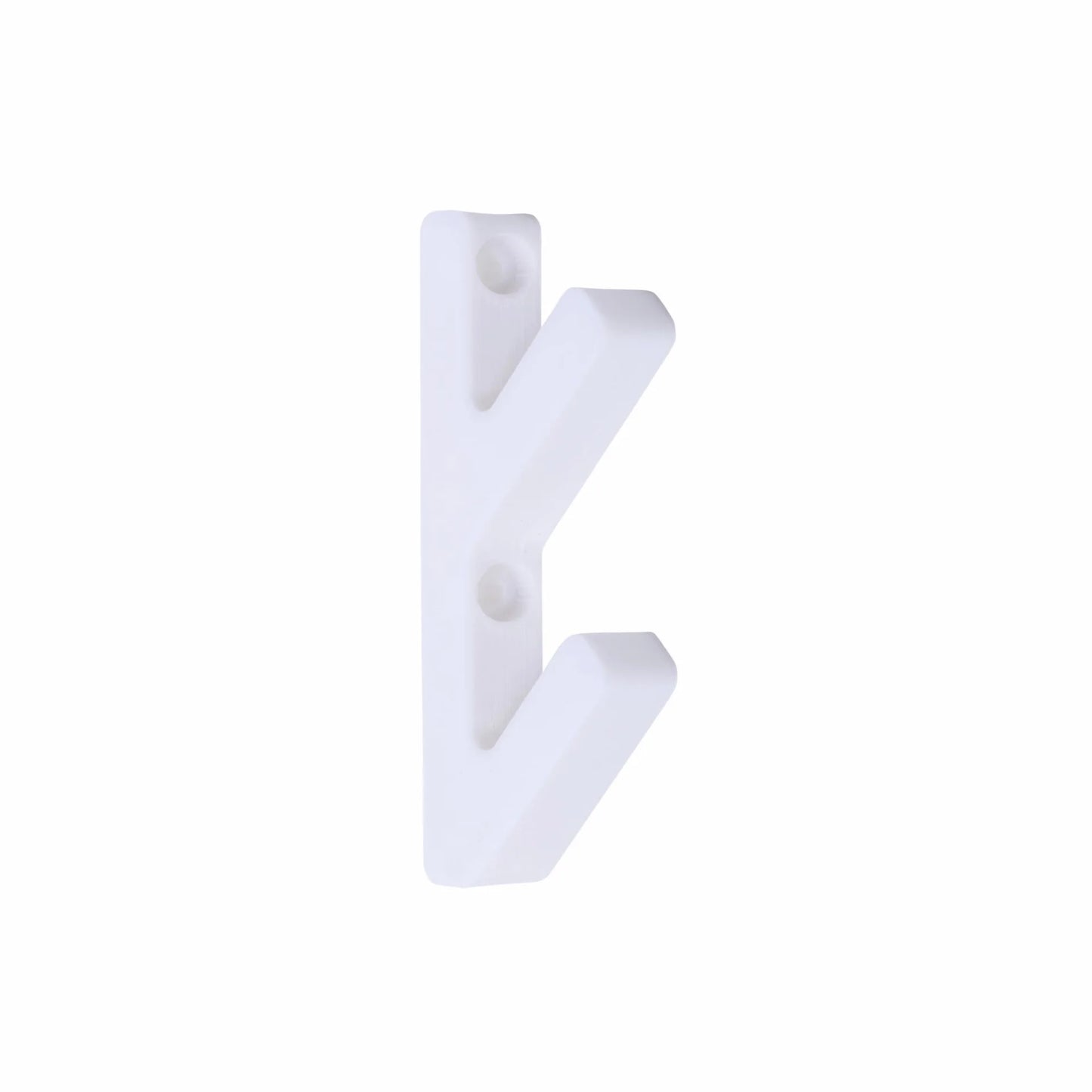 White wall-mounted coat hook with two arms and screw holes.

