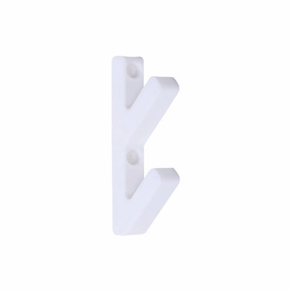 White wall-mounted coat hook with two arms and screw holes.
