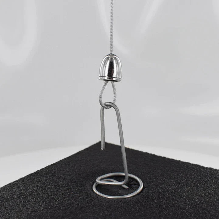 Silver wire display stand with a metal ceiling hanger.