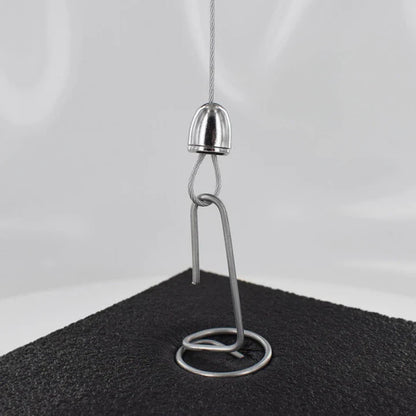 Silver wire display stand with a metal ceiling hanger.