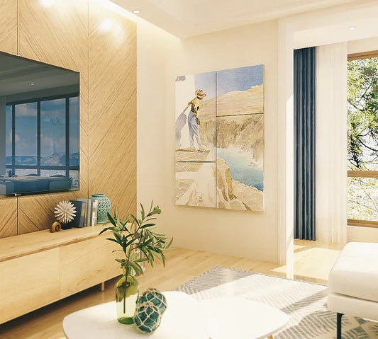 Bright living room interior with TV, light wood furniture, wall art, and neutral rug.