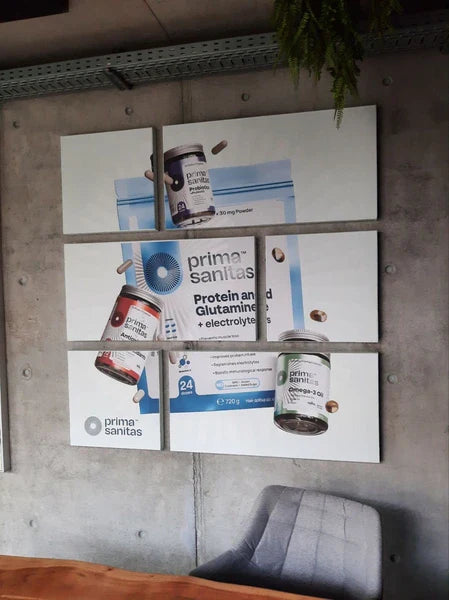 Collage of 'prima sanitas' product packaging.