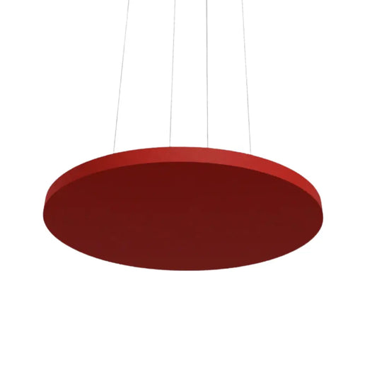 Red, round acoustic panel hanging from the ceiling.