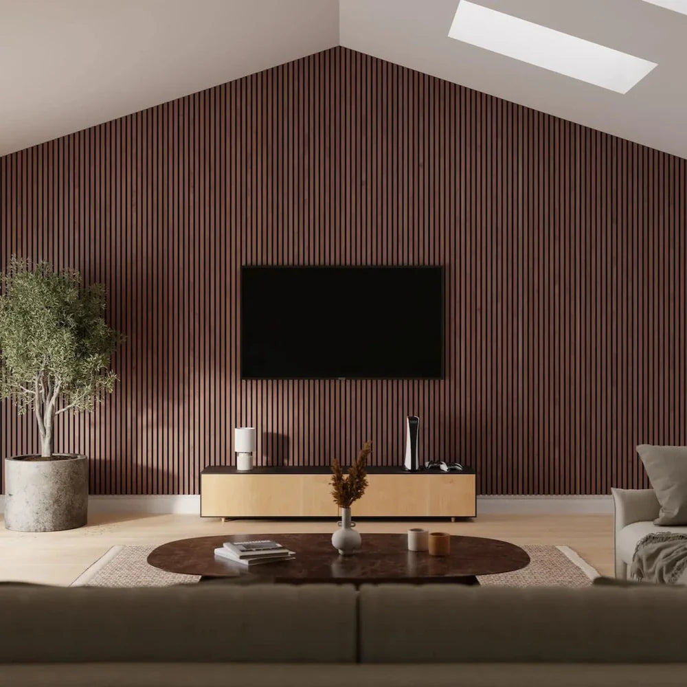 A modern living room with a slatted wooden wall, a flat screen TV, and stylish furniture.

