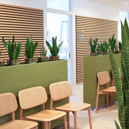 Waiting room with wooden chairs, green partitions with potted plants, and slatted wooden walls.
