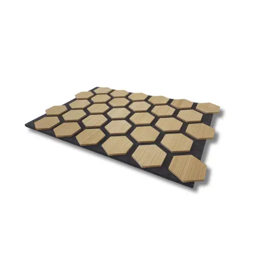 A honeycomb pattern of wooden hexagons on a black surface.