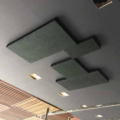 Acoustic ceiling panels and slat ceiling.