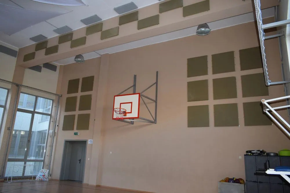 Indoor gymnasium with basketball hoop and wall panels.