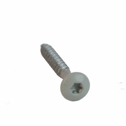 Grey, hexagonal head screw.
