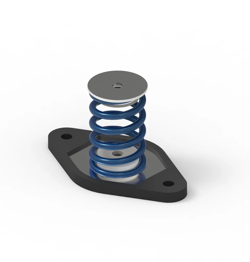 A blue spring, sandwiched between a black platform and a silver disk.