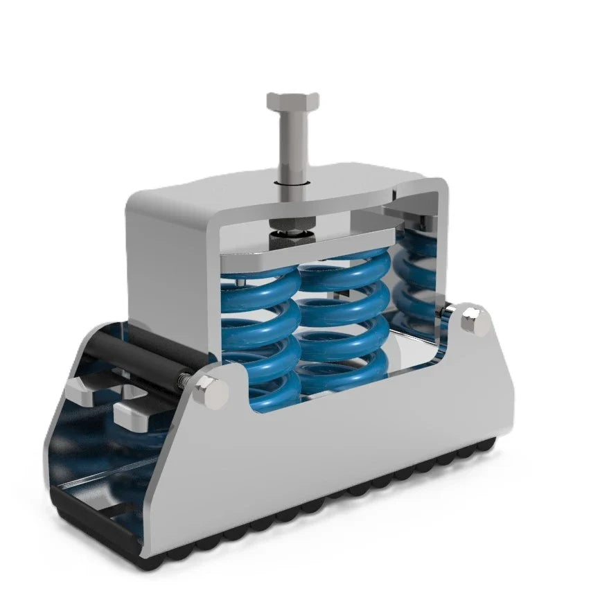 Metal frame containing two blue springs, bolt on top, black rubber feet.
