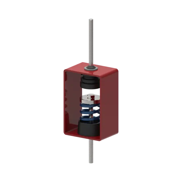 Red metal box containing spring and screw mechanism.