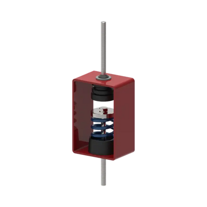 Red metal box containing spring and screw mechanism.