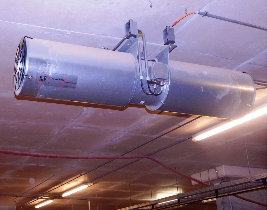 Ceiling-mounted industrial fan.
