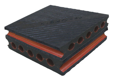 A square, black, rubber material with red layers and round holes.