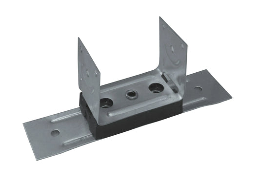 Metal joist hanger with black padding.