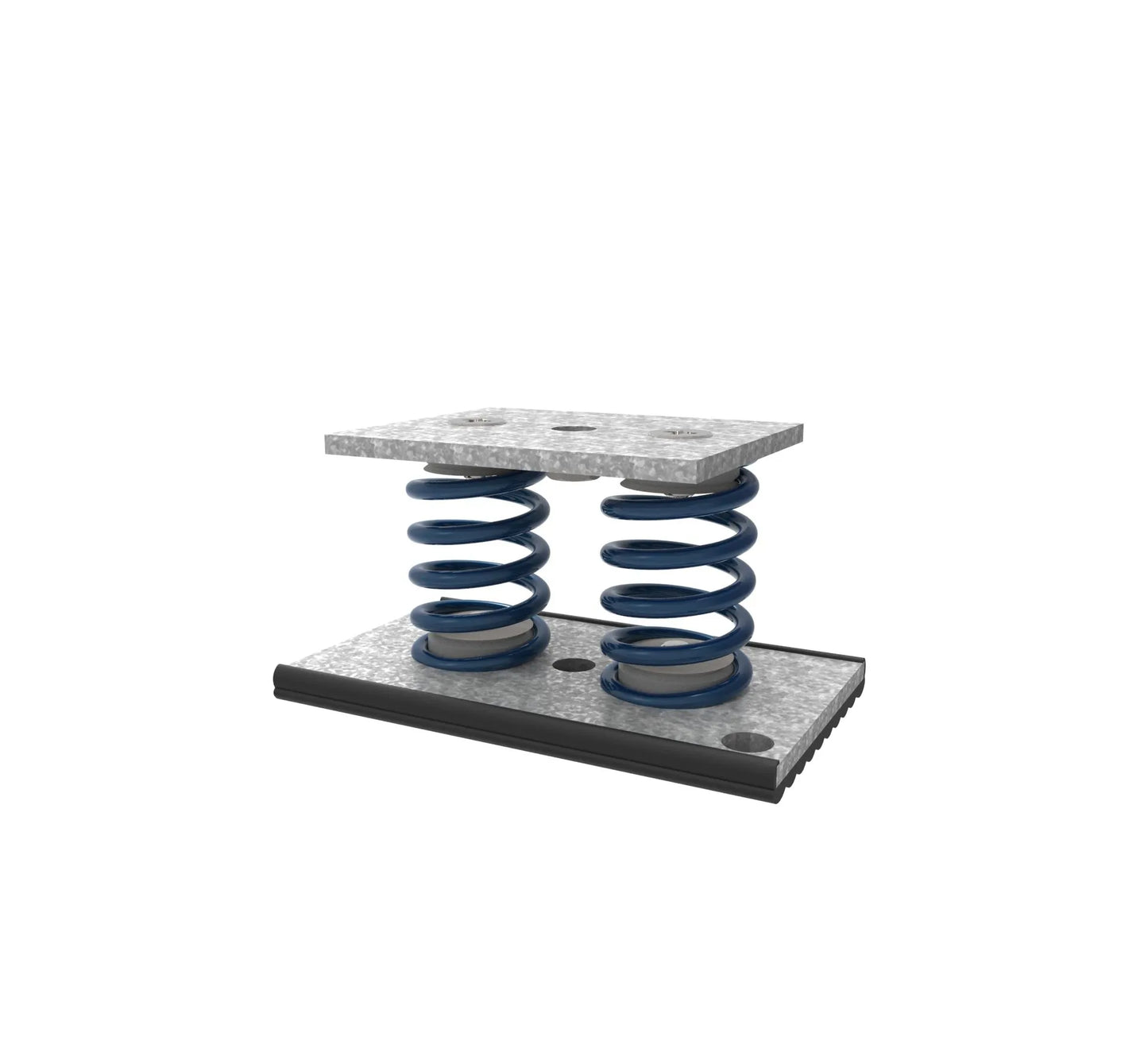 Two blue springs between speckled grey metal plates with a black rim.