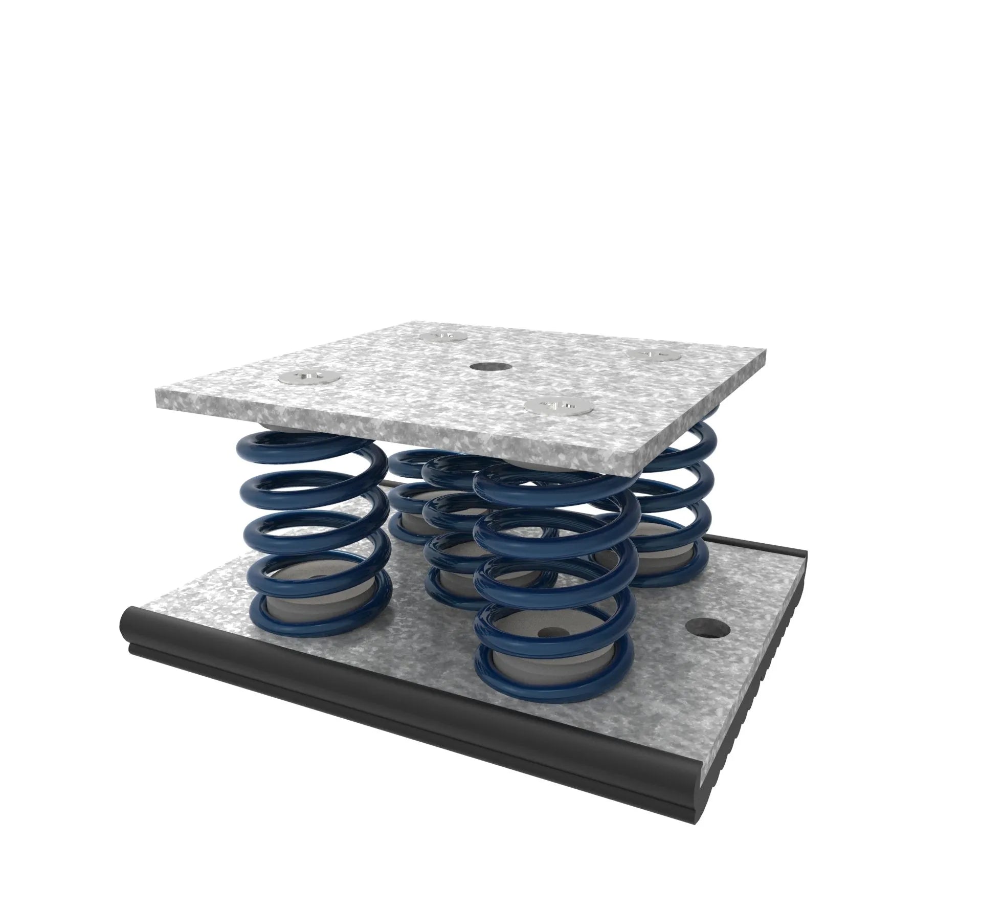 Blue springs between square metal plates with a black trim.