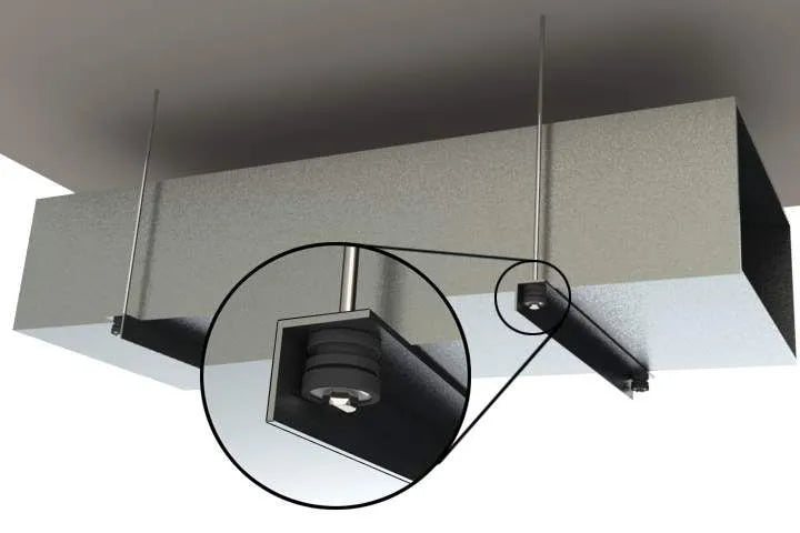 Metal HVAC duct suspended from ceiling with vibration isolation mounts.