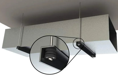 Metal HVAC duct suspended from ceiling with vibration isolation mounts.