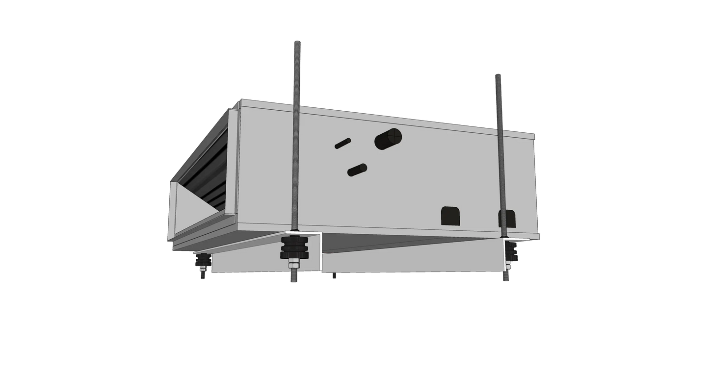 Gray suspended commercial air conditioner with metal rods and nuts.