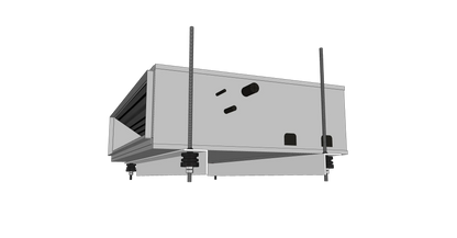 Gray suspended commercial air conditioner with metal rods and nuts.