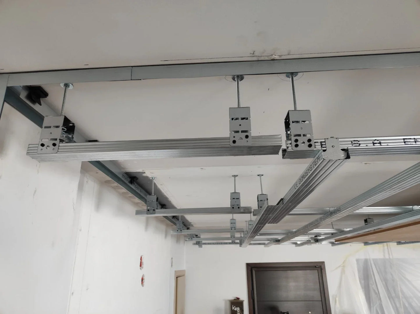 Metal framework for a suspended ceiling.
