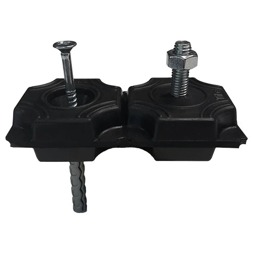 Black dual fastener with screw, anchor, and bolt.