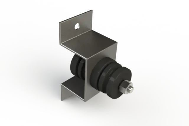 A metal bracket with a black rubber vibration isolator and nut.