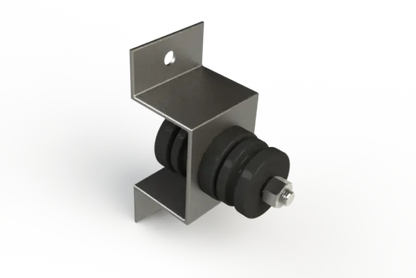 A metal bracket with a black rubber vibration isolator and nut.