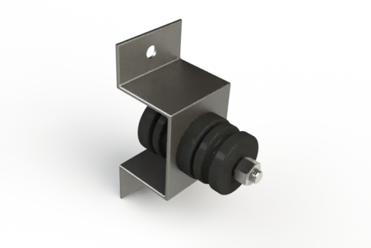 A metal bracket with a black rubber vibration isolator and nut.