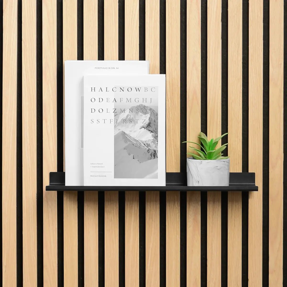 Wood slat wall, black shelf, books, and potted plant.
