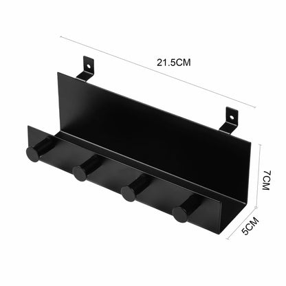 Black metal wall-mounted shelf with five pegs and dimensional measurements.
