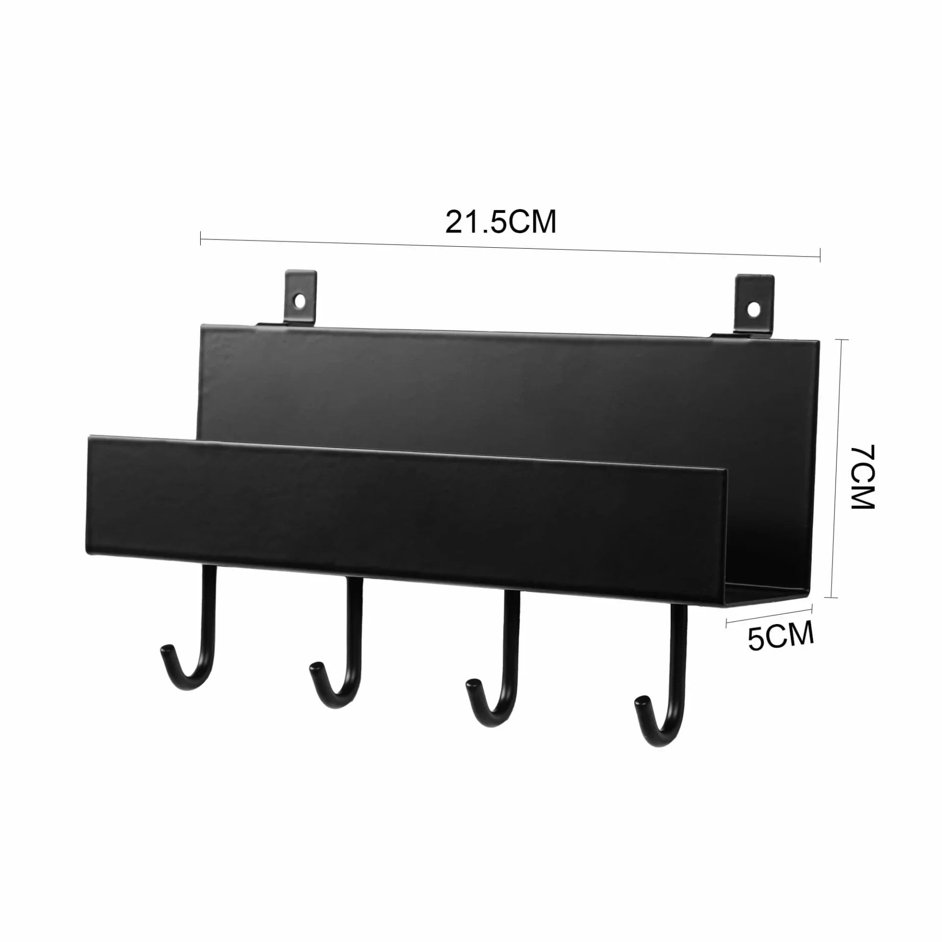 Black metal wall-mounted organizer with four hooks and dimension labels.
