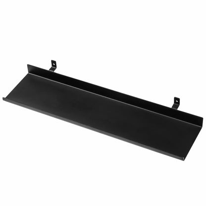 Black metal shelf with mounting brackets.
