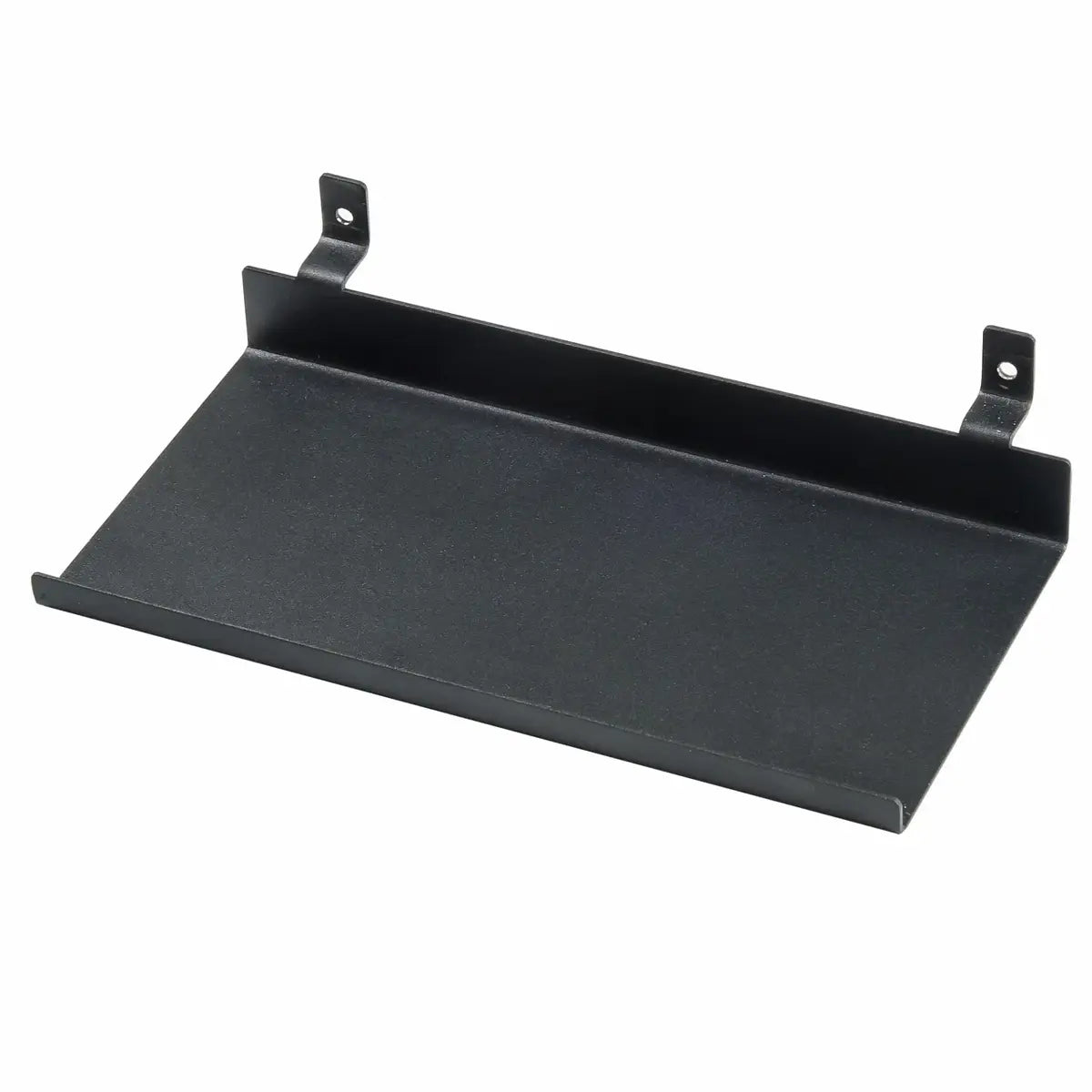 Black metal shelf with mounting brackets.
