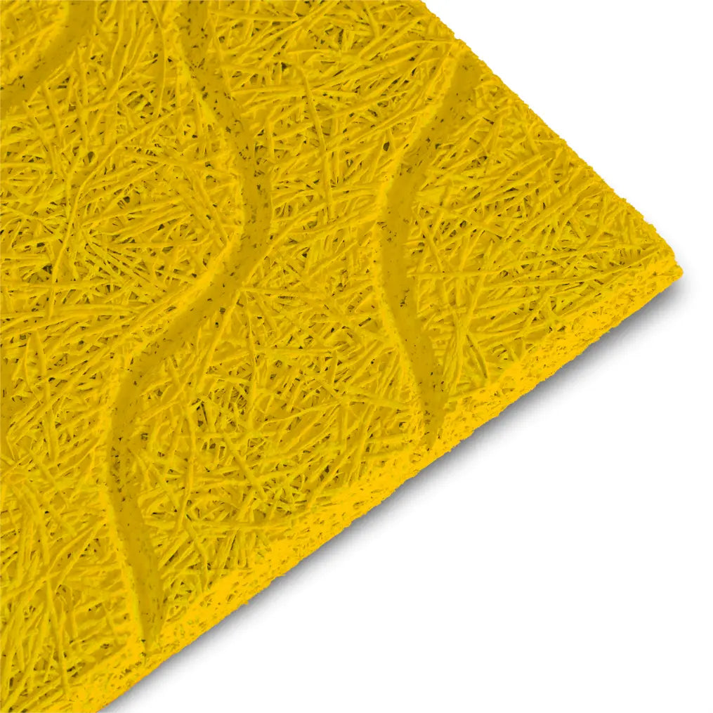wood wool acoustic panel with yellow diagonal waves close up