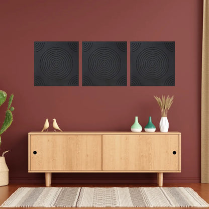 Wooden cabinet with decorative items against a red wall with wooden acoustic panels in black
