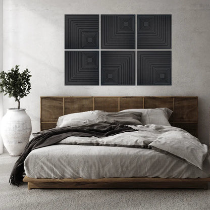 Bedroom with a bed, headboard, and wall Acoustic panel in black colour

